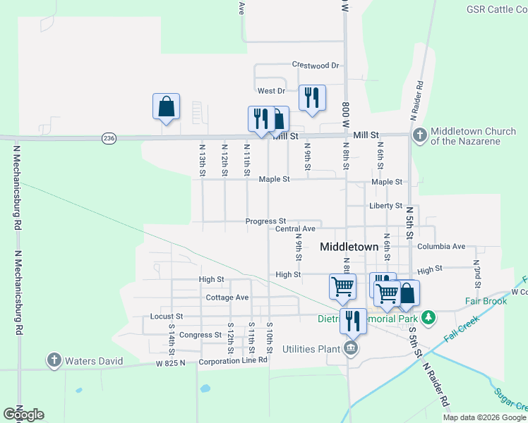 map of restaurants, bars, coffee shops, grocery stores, and more near 500-542 N 10th St in Middletown