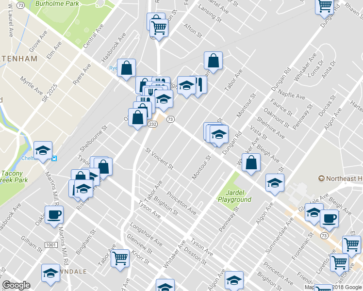 map of restaurants, bars, coffee shops, grocery stores, and more near 7244 Tabor Avenue in Philadelphia