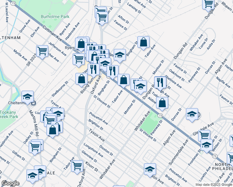 map of restaurants, bars, coffee shops, grocery stores, and more near 7244 Tabor Avenue in Philadelphia