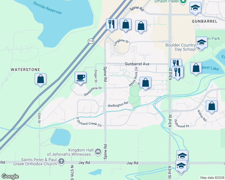 map of restaurants, bars, coffee shops, grocery stores, and more near 4658 White Rock Circle in Boulder
