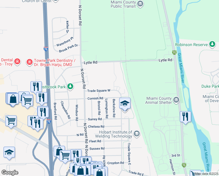 map of restaurants, bars, coffee shops, grocery stores, and more near 1361 Trade Square East in Troy