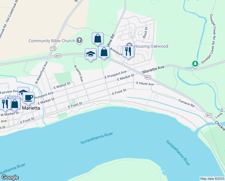map of restaurants, bars, coffee shops, grocery stores, and more near 516 E Front St in Marietta
