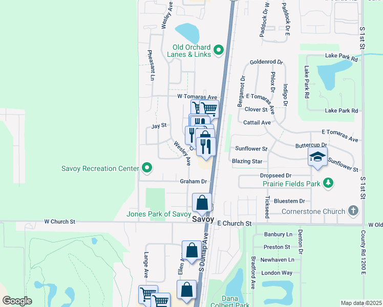 map of restaurants, bars, coffee shops, grocery stores, and more near 117 Calvin Street in Savoy