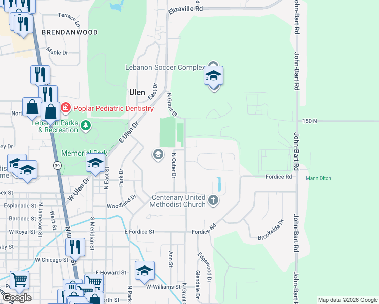 map of restaurants, bars, coffee shops, grocery stores, and more near 1225 North Grant Street in Lebanon