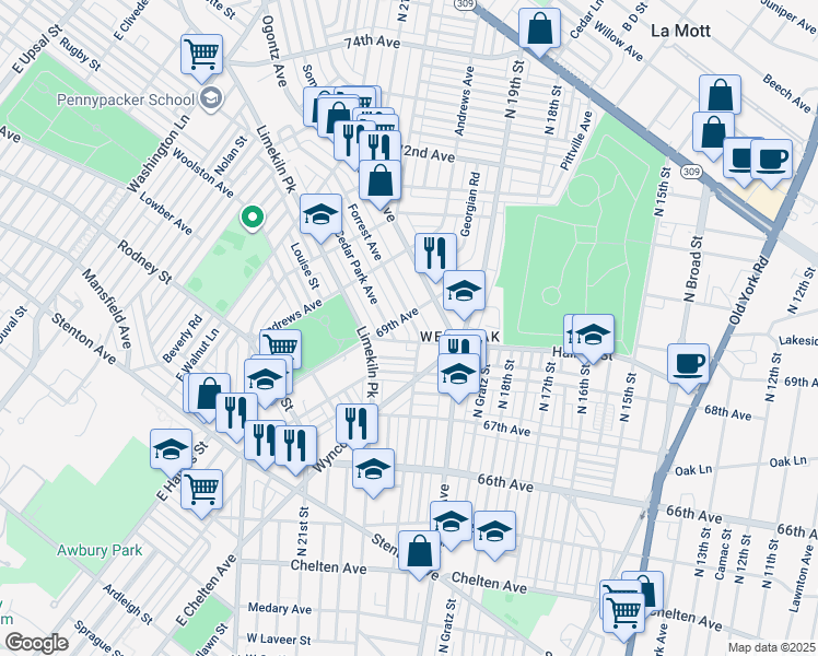 map of restaurants, bars, coffee shops, grocery stores, and more near 6876 Forrest Avenue in Philadelphia