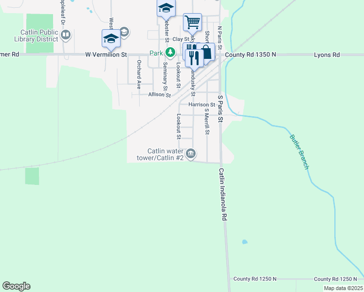map of restaurants, bars, coffee shops, grocery stores, and more near 104 Jones Street in Catlin