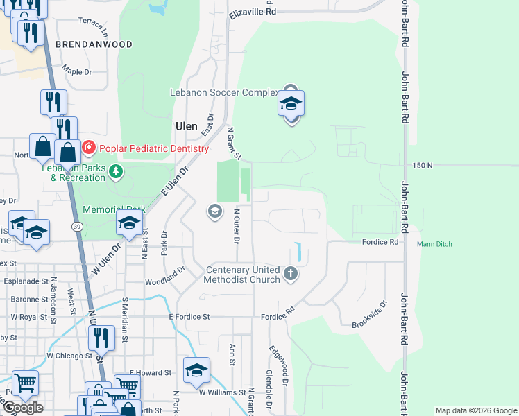 map of restaurants, bars, coffee shops, grocery stores, and more near 1225 North Grant Street in Lebanon