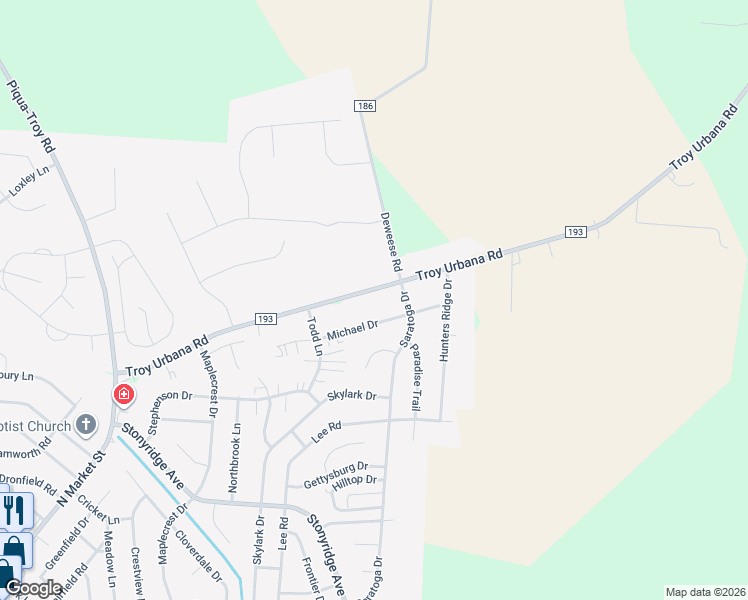 map of restaurants, bars, coffee shops, grocery stores, and more near 1380 Troy Urbana Road in Troy