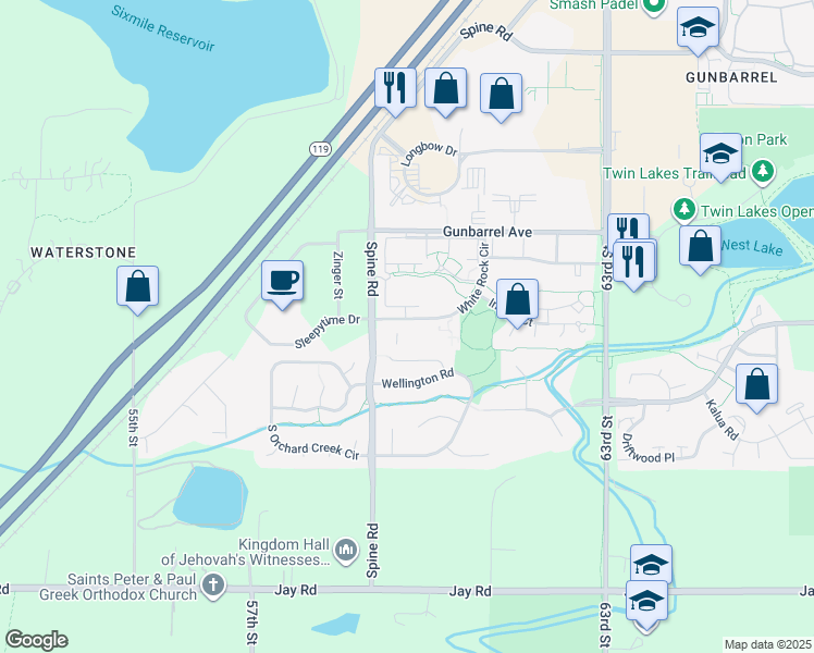 map of restaurants, bars, coffee shops, grocery stores, and more near 4658 White Rock Circle in Boulder
