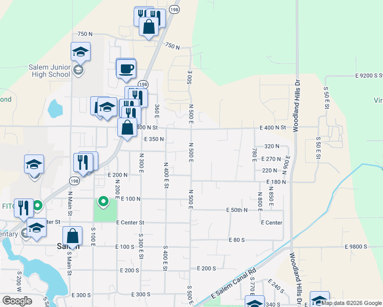 map of restaurants, bars, coffee shops, grocery stores, and more near 290 North 500 East in Salem