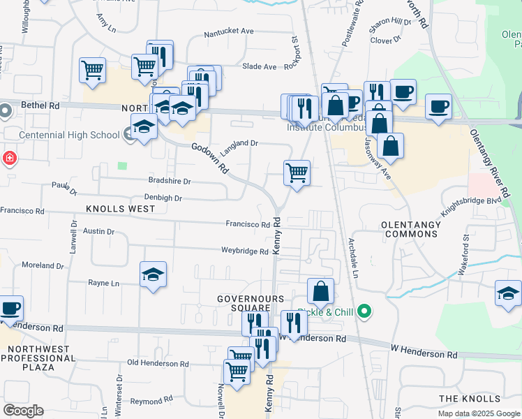 map of restaurants, bars, coffee shops, grocery stores, and more near 4944 Buck Thorn Lane in Columbus