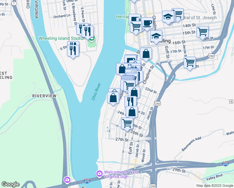 map of restaurants, bars, coffee shops, grocery stores, and more near Lane A in Wheeling