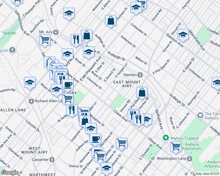 map of restaurants, bars, coffee shops, grocery stores, and more near 226 East Gorgas Lane in Philadelphia