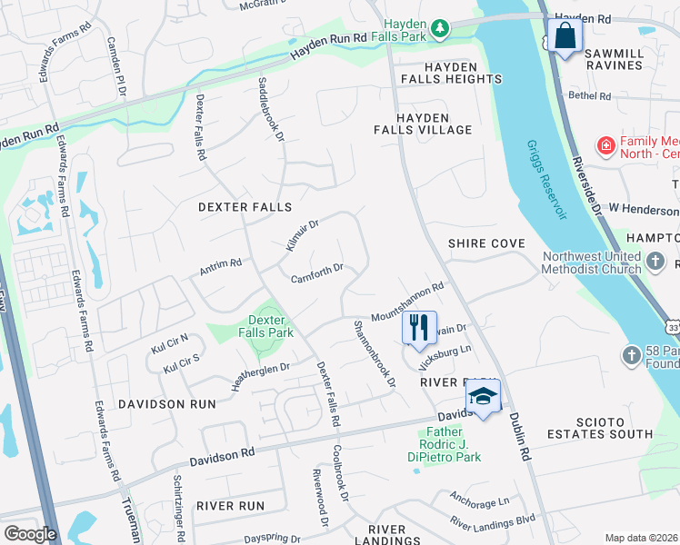 map of restaurants, bars, coffee shops, grocery stores, and more near 3685 Carnforth Drive in Columbus