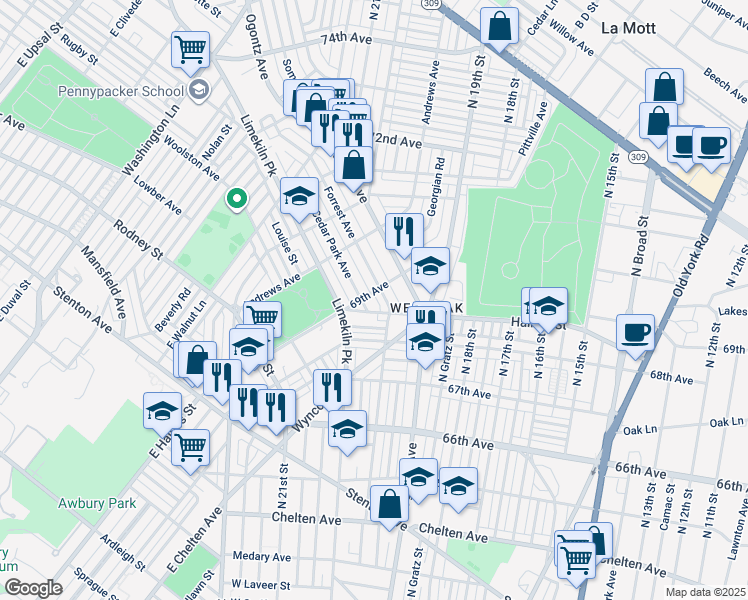 map of restaurants, bars, coffee shops, grocery stores, and more near 2012 69th Avenue in Philadelphia