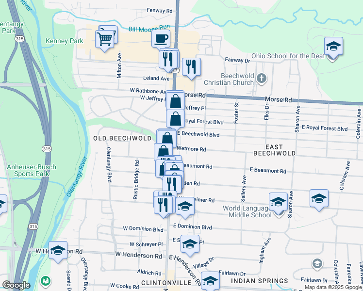 map of restaurants, bars, coffee shops, grocery stores, and more near 20 Wetmore Road in Columbus