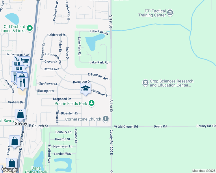 map of restaurants, bars, coffee shops, grocery stores, and more near 712 Buttercup Drive in Savoy