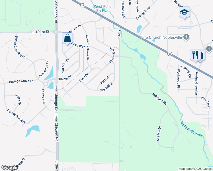map of restaurants, bars, coffee shops, grocery stores, and more near 6166 Saw Mill Drive in Noblesville