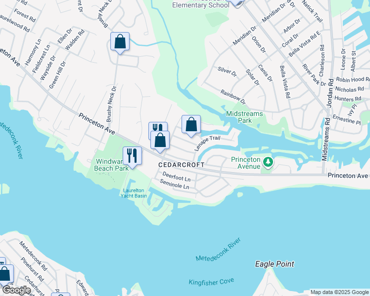 map of restaurants, bars, coffee shops, grocery stores, and more near 322 Apache Lane in Brick