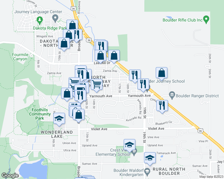 map of restaurants, bars, coffee shops, grocery stores, and more near 4628 16th Street in Boulder