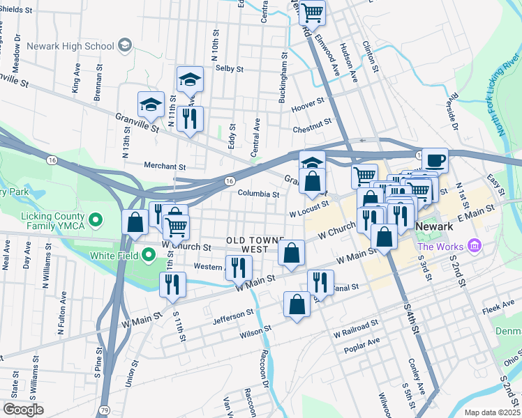 map of restaurants, bars, coffee shops, grocery stores, and more near 192 West Locust Street in Newark