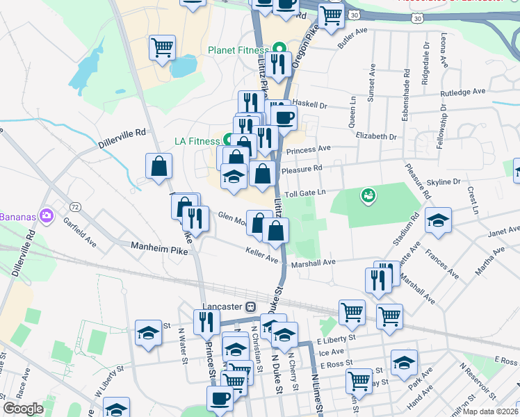 map of restaurants, bars, coffee shops, grocery stores, and more near 1250 Lititz Pike in Lancaster