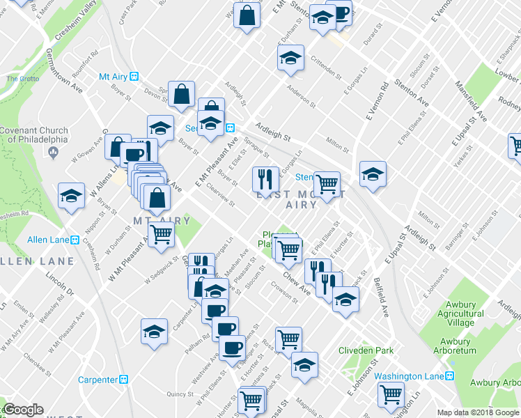 map of restaurants, bars, coffee shops, grocery stores, and more near 226 East Gorgas Lane in Philadelphia
