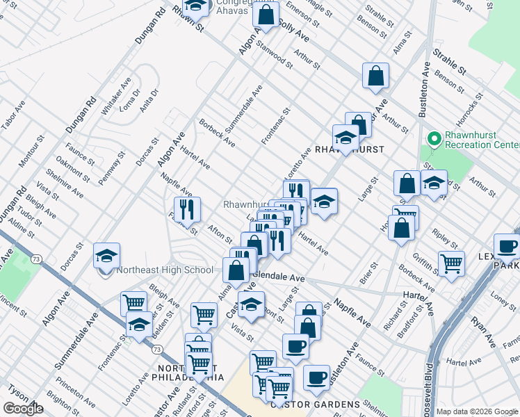 map of restaurants, bars, coffee shops, grocery stores, and more near 7732 Loretto Avenue in Philadelphia