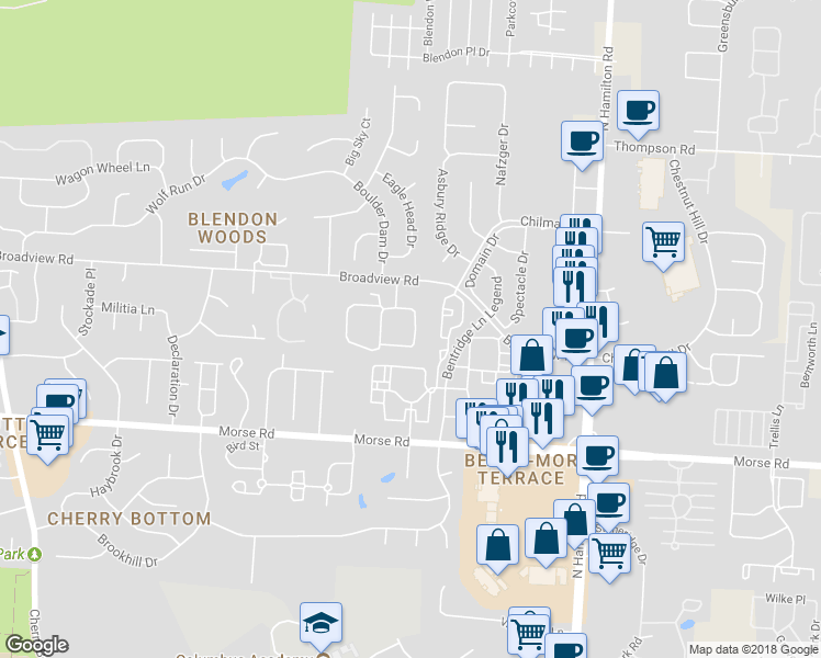 map of restaurants, bars, coffee shops, grocery stores, and more near 3973 Malbec Drive in Gahanna
