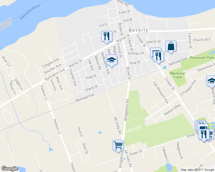 map of restaurants, bars, coffee shops, grocery stores, and more near 664 Manor Road in Beverly