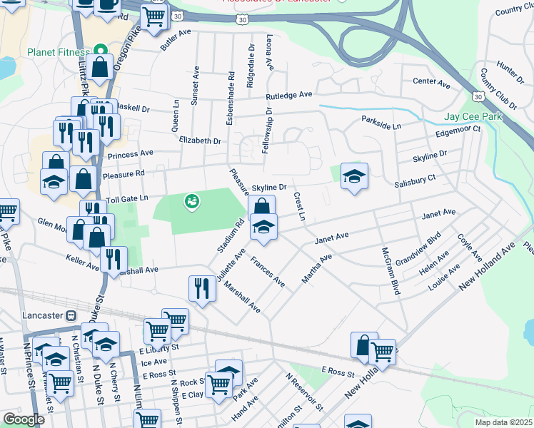 map of restaurants, bars, coffee shops, grocery stores, and more near 608 Pleasure Road in Lancaster