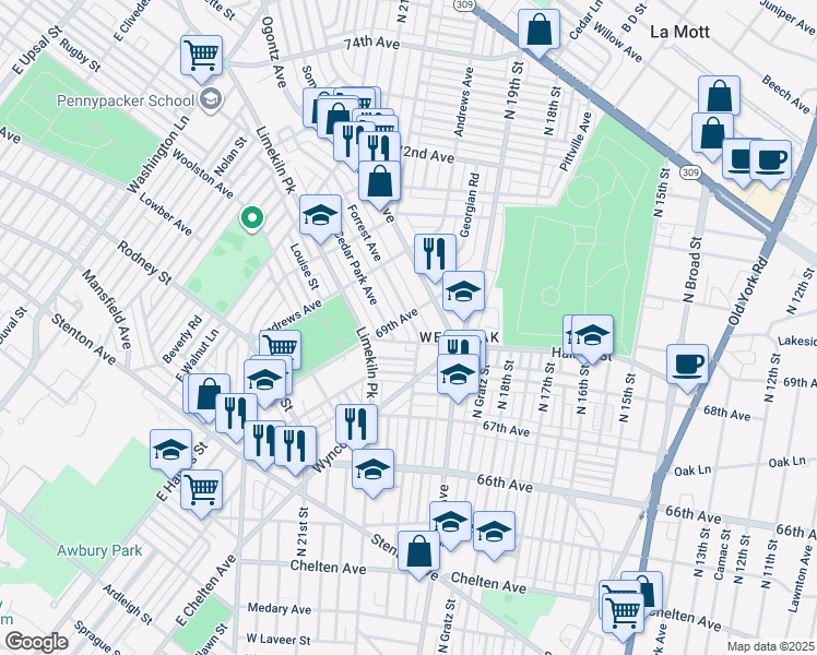 map of restaurants, bars, coffee shops, grocery stores, and more near 6878 Forrest Avenue in Philadelphia