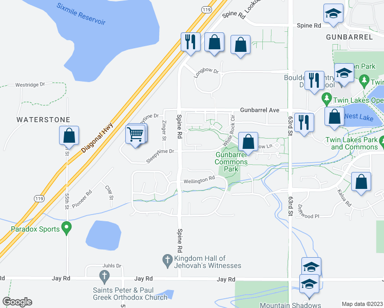 map of restaurants, bars, coffee shops, grocery stores, and more near 4660 White Rock Circle in Boulder