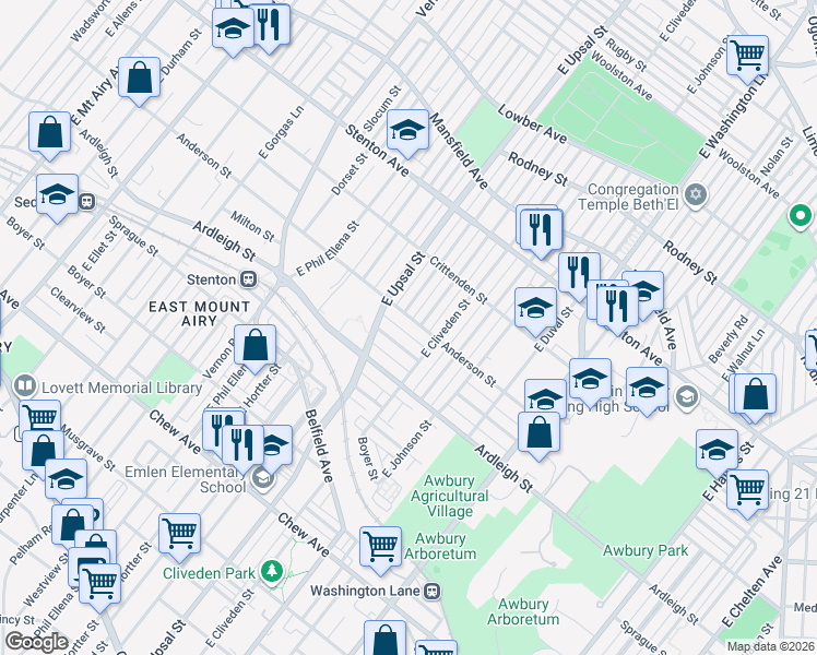 map of restaurants, bars, coffee shops, grocery stores, and more near 6476 Anderson Street in Philadelphia