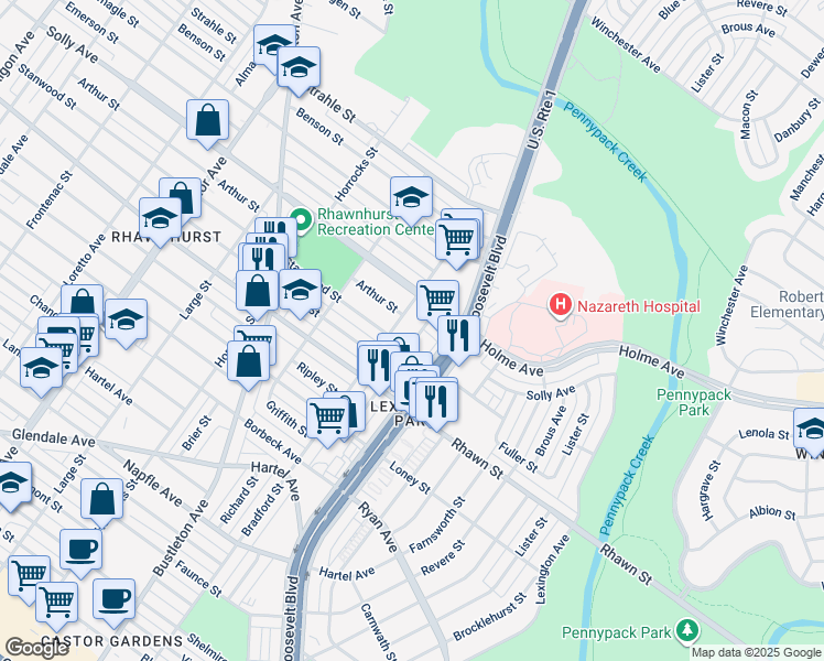 map of restaurants, bars, coffee shops, grocery stores, and more near 8108 Leonard Street in Philadelphia