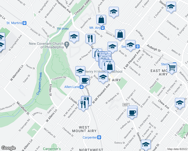 map of restaurants, bars, coffee shops, grocery stores, and more near 7209 Bryan Street in Philadelphia