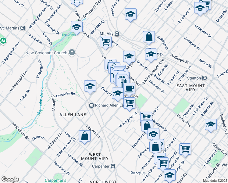 map of restaurants, bars, coffee shops, grocery stores, and more near 38 West Mount Airy Avenue in Philadelphia
