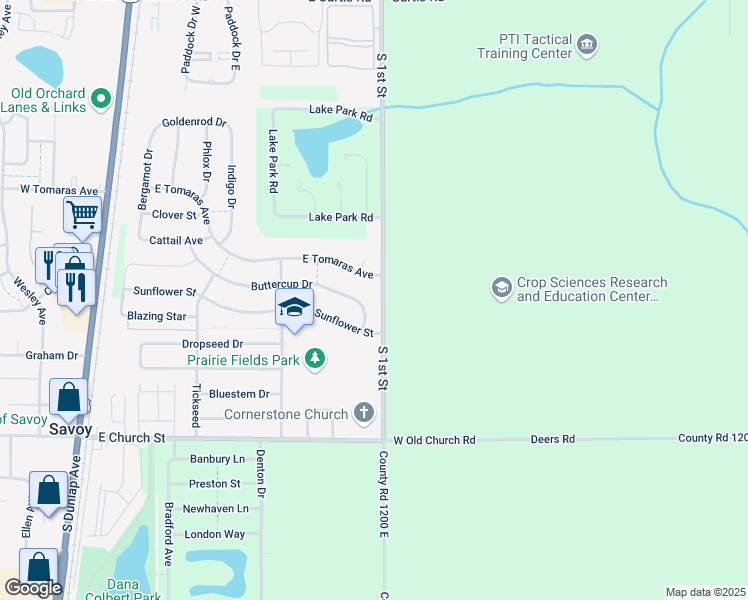 map of restaurants, bars, coffee shops, grocery stores, and more near 712 Buttercup Drive in Savoy