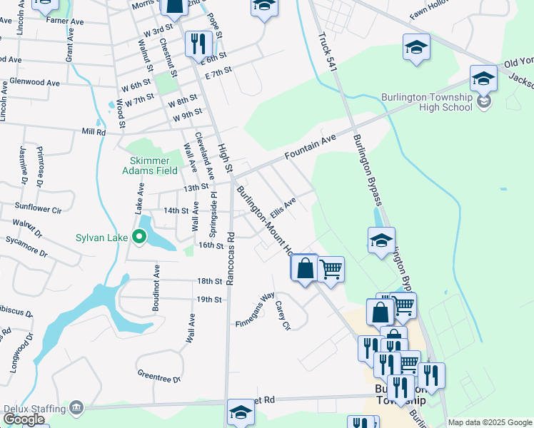 map of restaurants, bars, coffee shops, grocery stores, and more near 1405 Mount Holly Road in Burlington