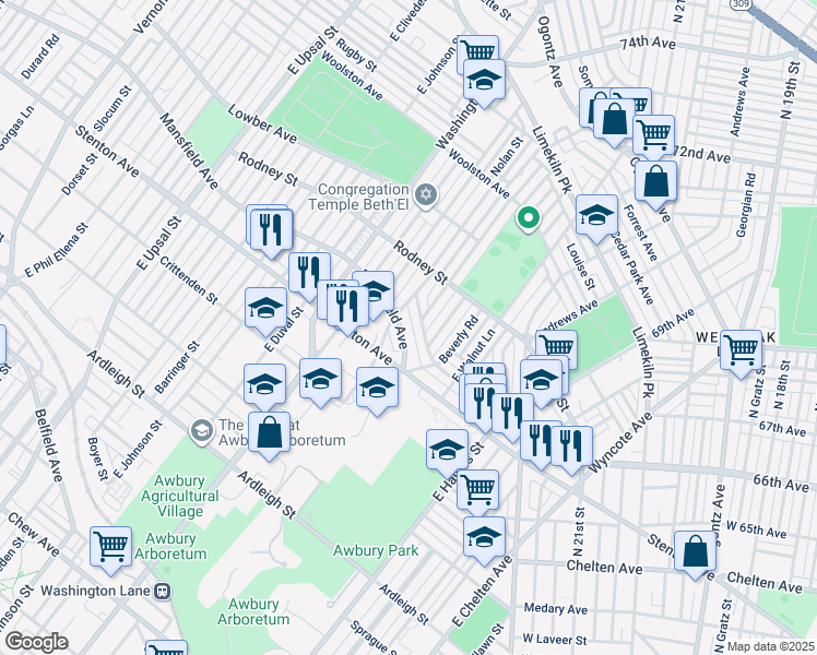 map of restaurants, bars, coffee shops, grocery stores, and more near 7253 Mansfield Avenue in Philadelphia
