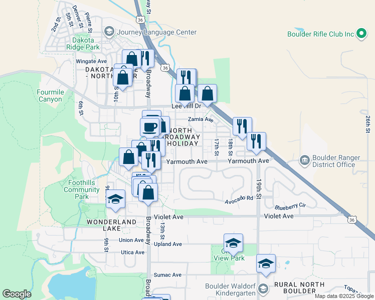 map of restaurants, bars, coffee shops, grocery stores, and more near 1494 Yaupon Avenue in Boulder