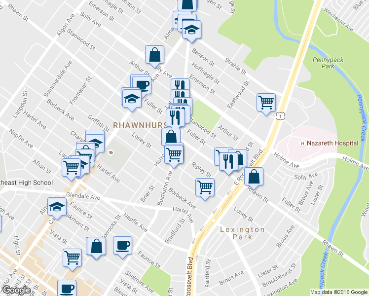 map of restaurants, bars, coffee shops, grocery stores, and more near 2227 Rhawn Street in Philadelphia