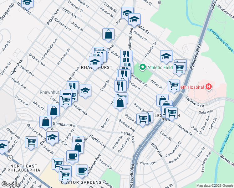 map of restaurants, bars, coffee shops, grocery stores, and more near 2129 Loney Street in Philadelphia