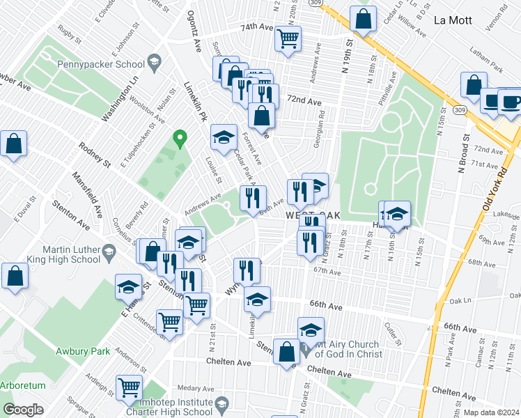 map of restaurants, bars, coffee shops, grocery stores, and more near 6917 Limekiln Pike in Philadelphia