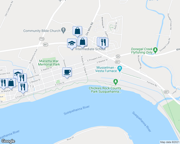 map of restaurants, bars, coffee shops, grocery stores, and more near 516 East Front Street in Marietta