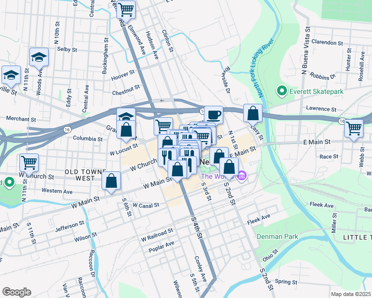 map of restaurants, bars, coffee shops, grocery stores, and more near 57 North 3rd Street in Newark
