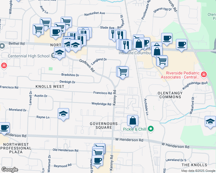 map of restaurants, bars, coffee shops, grocery stores, and more near 4944 Buck Thorn Lane in Columbus