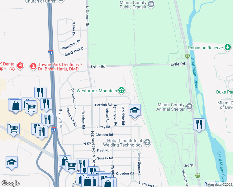 map of restaurants, bars, coffee shops, grocery stores, and more near 1361 Trade Square East in Troy