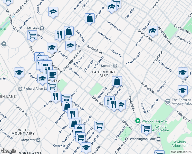 map of restaurants, bars, coffee shops, grocery stores, and more near 314 Meehan Avenue in Philadelphia