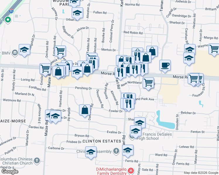 map of restaurants, bars, coffee shops, grocery stores, and more near 1498 Pershing Drive in Columbus